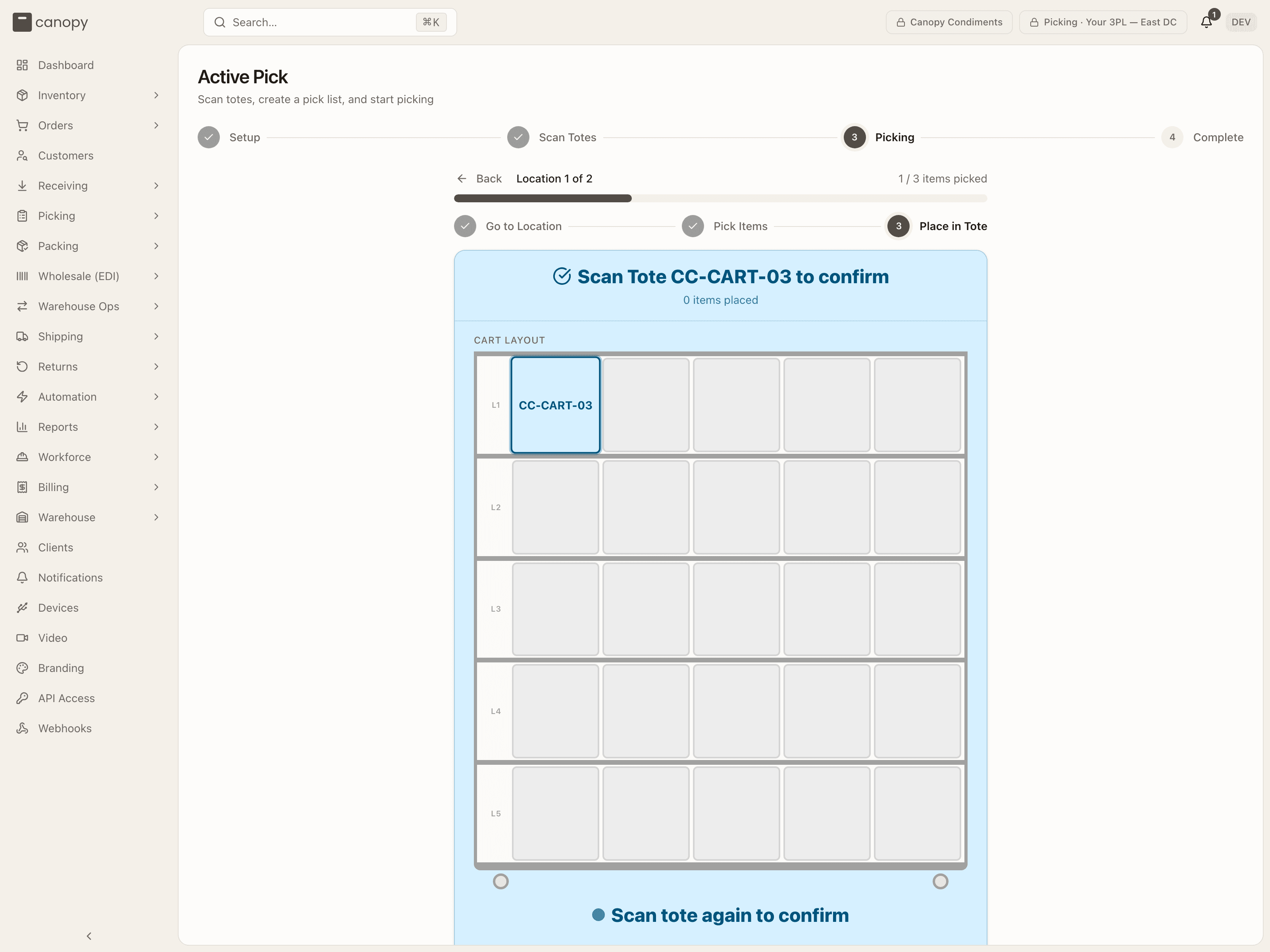 Picking — Place in Tote, scan the tote again to confirm the items are in it