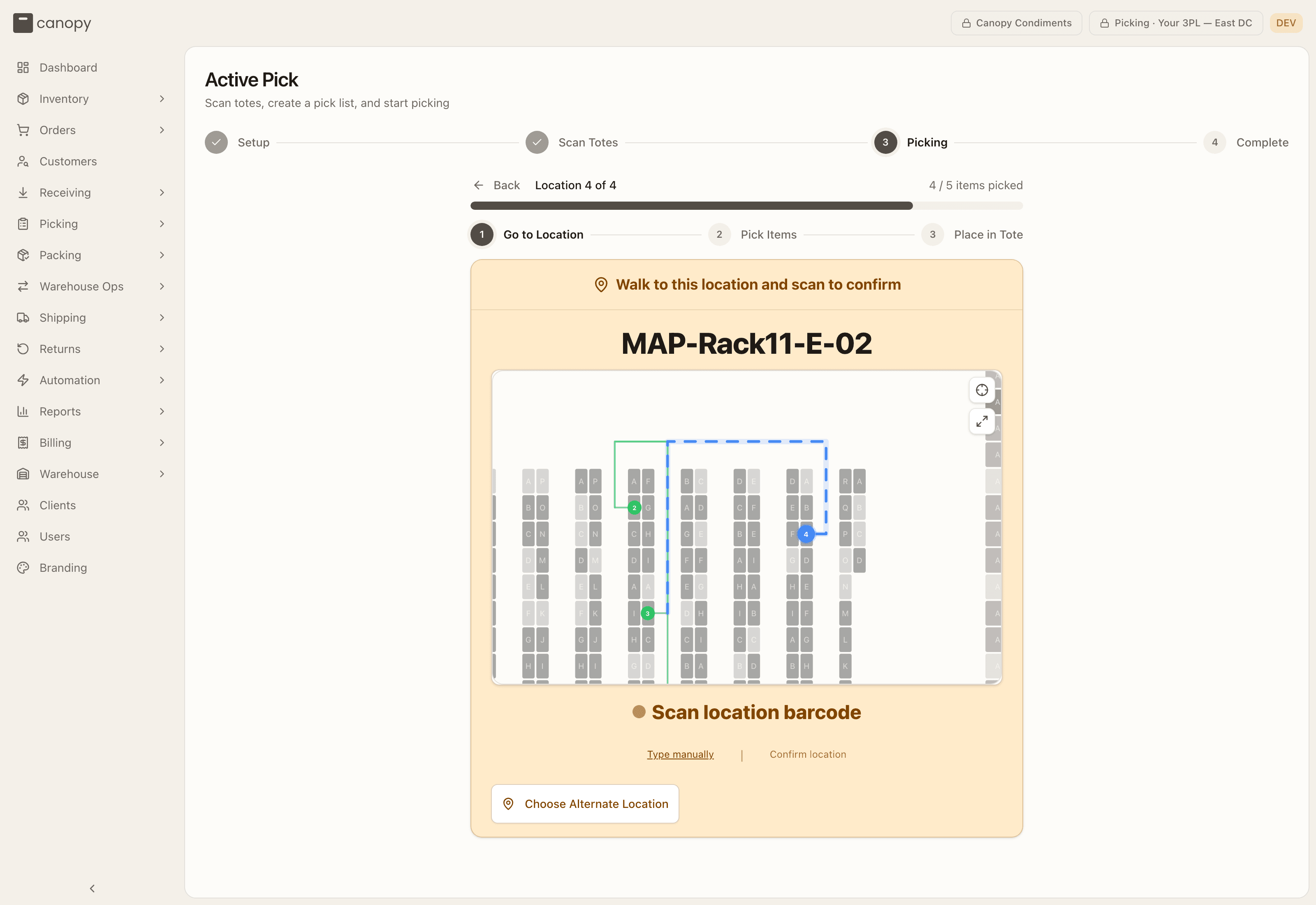 Picking — Go to Location, the bin to walk to with a live route map