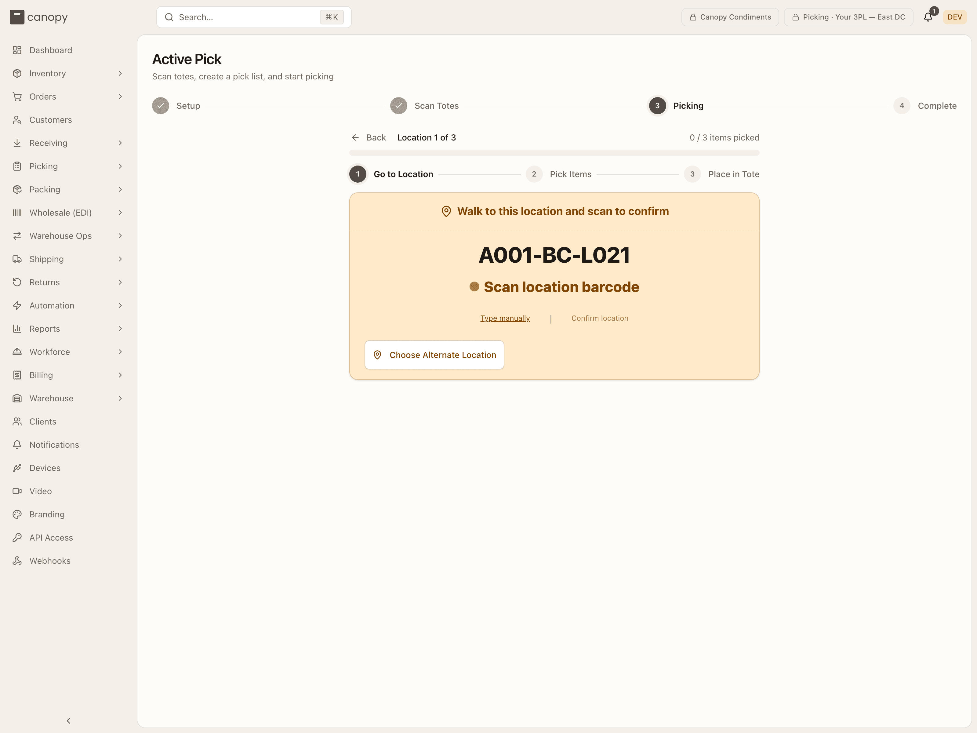 Picking — Go to Location, the bin to walk to and confirm by scan, with Type manually, Confirm location and Choose Alternate Location