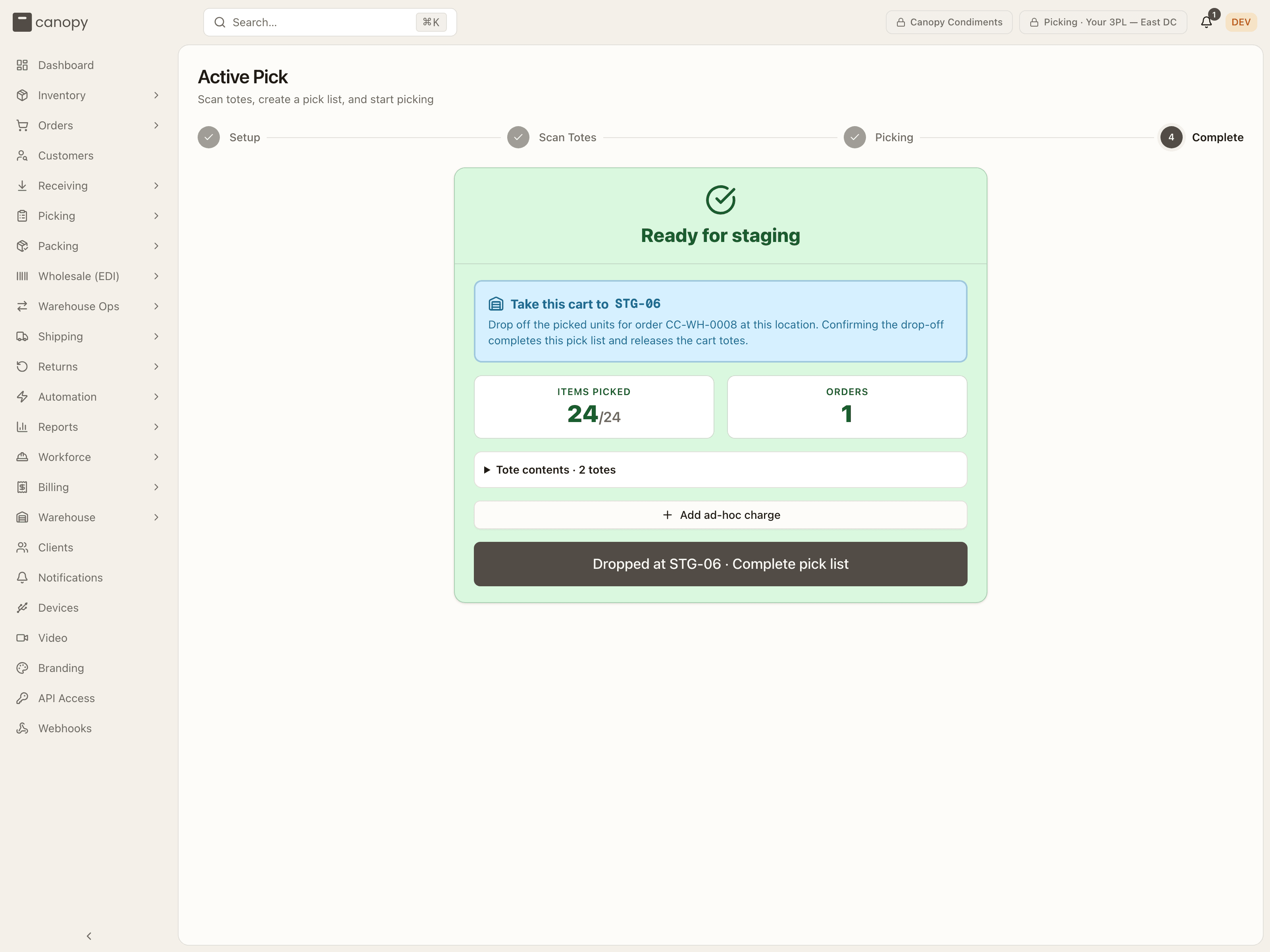 Complete on a wholesale cart — Ready for staging, the Take this cart to card, and the Dropped at · Complete pick list button