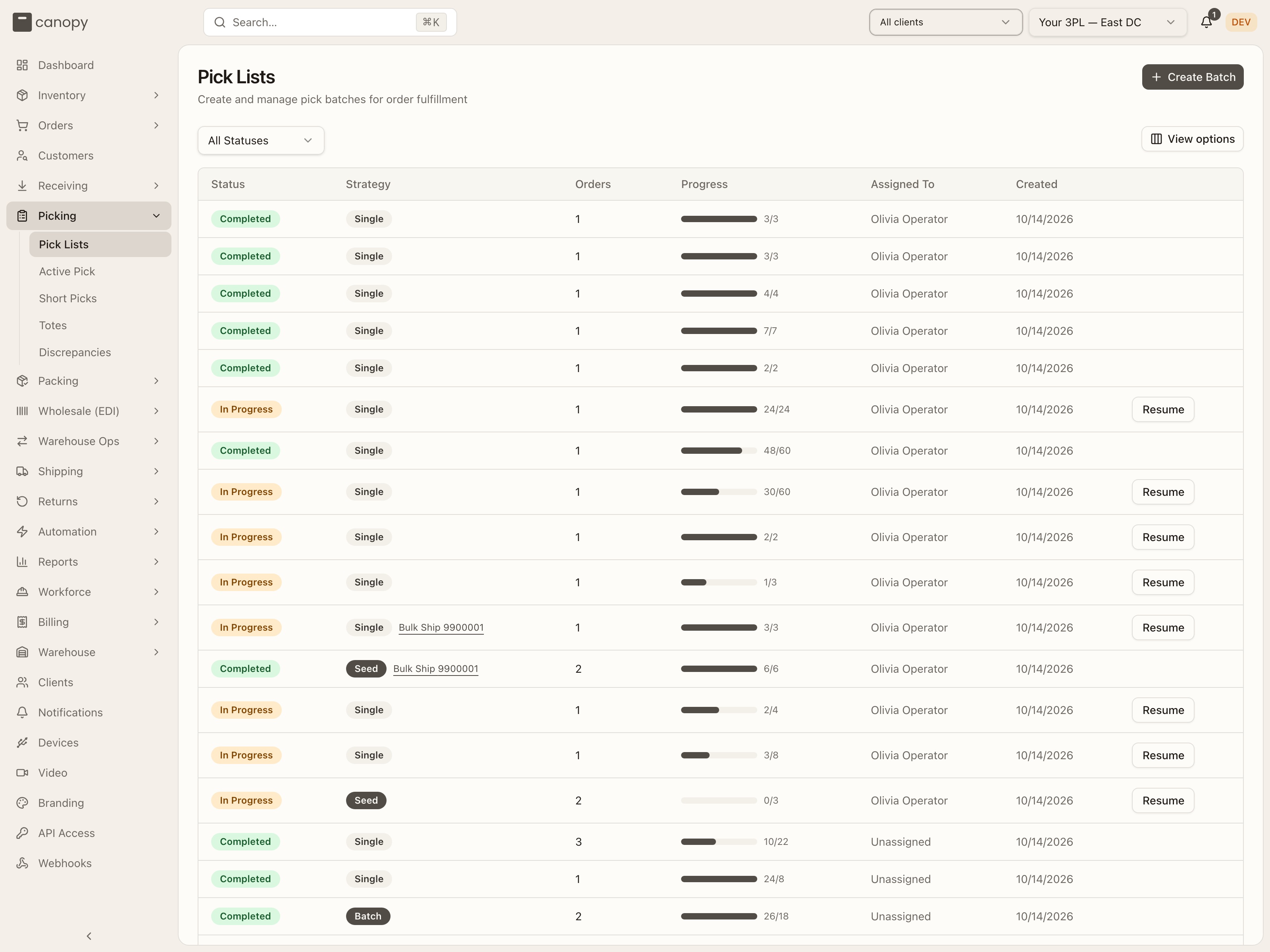 Pick Lists — status, strategy, orders, progress, assignee, and a Resume or Start Picking action per open list
