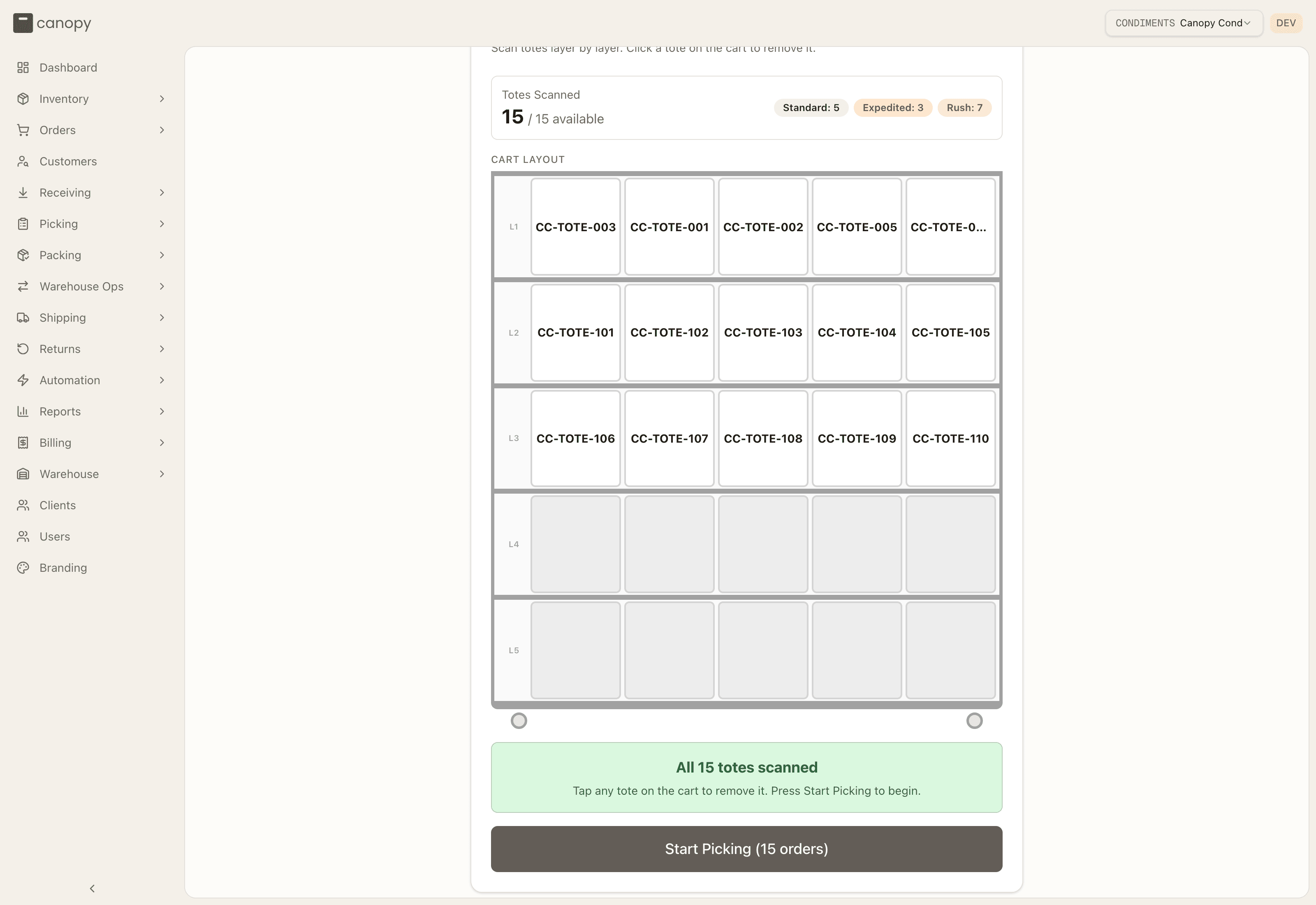 Scan Totes — a full cart with all 15 totes scanned, ready to start picking