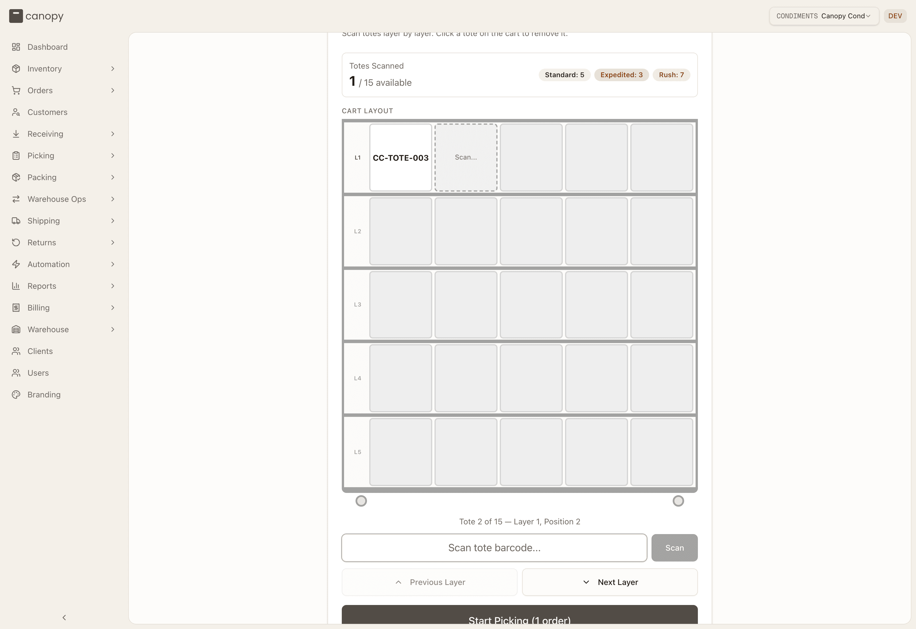 Scan Totes — a tote lands in its slot on the cart, with the next slot highlighted