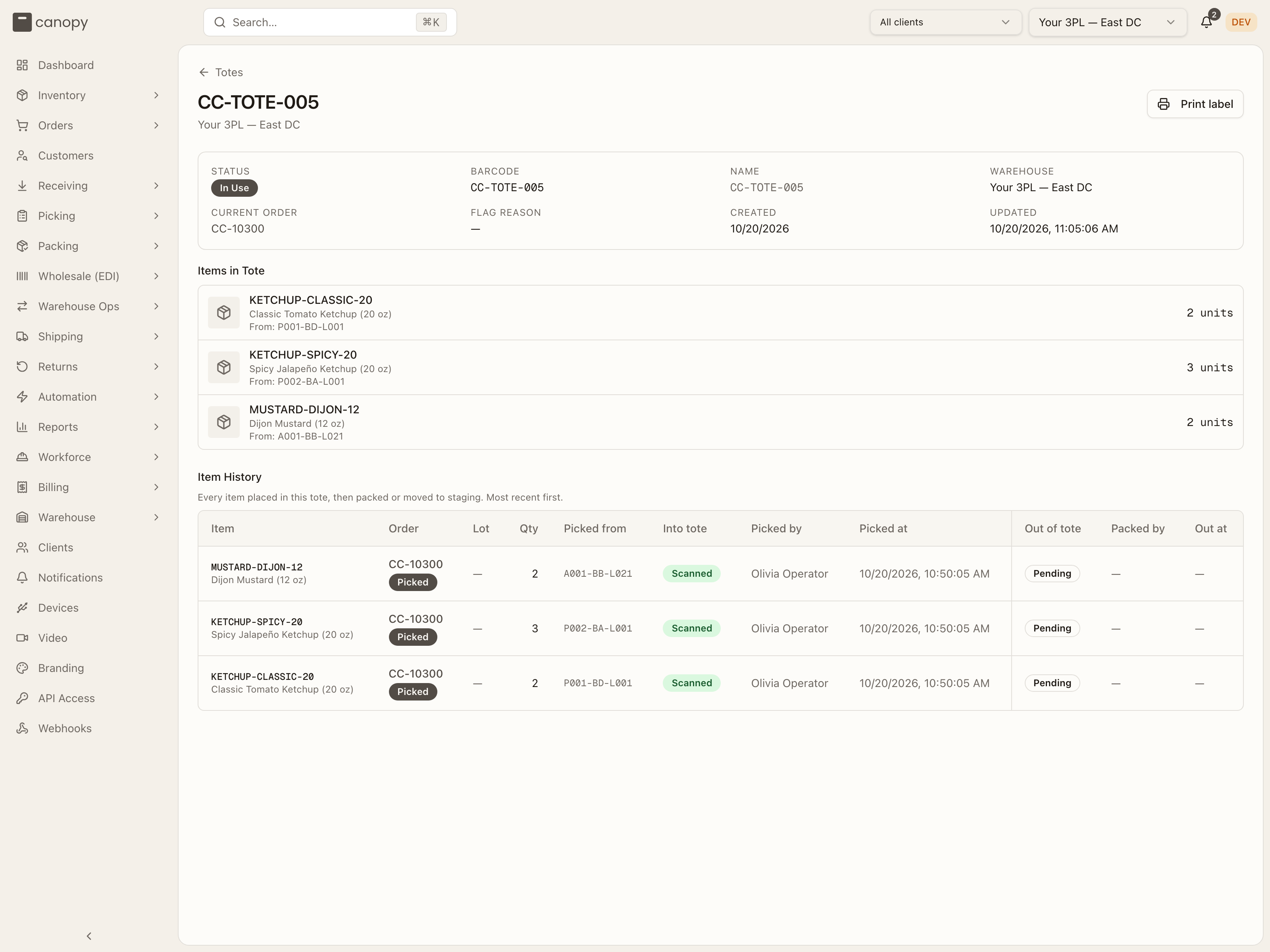 A tote's detail page — status, barcode, warehouse and current order; Items in Tote; and the Item History of everything placed in it, then packed or staged out, with its Out at column