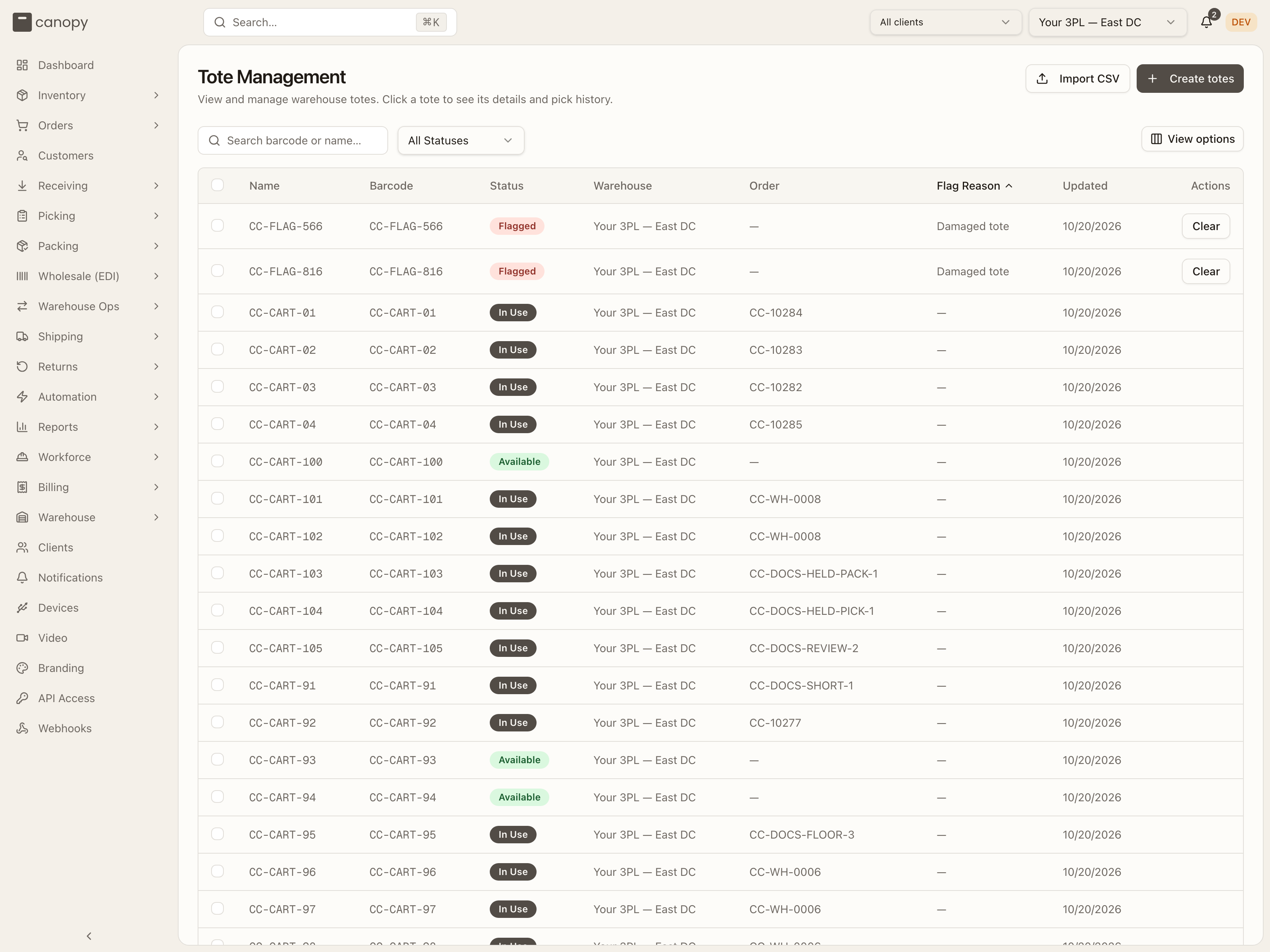 Tote Management — every tote with its name, barcode, status, warehouse, order and flag reason; Clear on the flagged ones