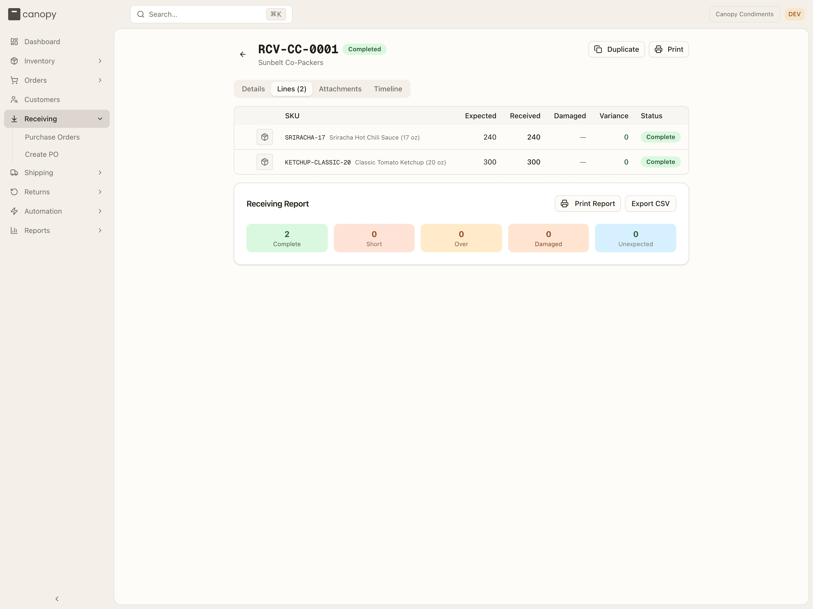 A completed PO's Lines tab with its Receiving Report