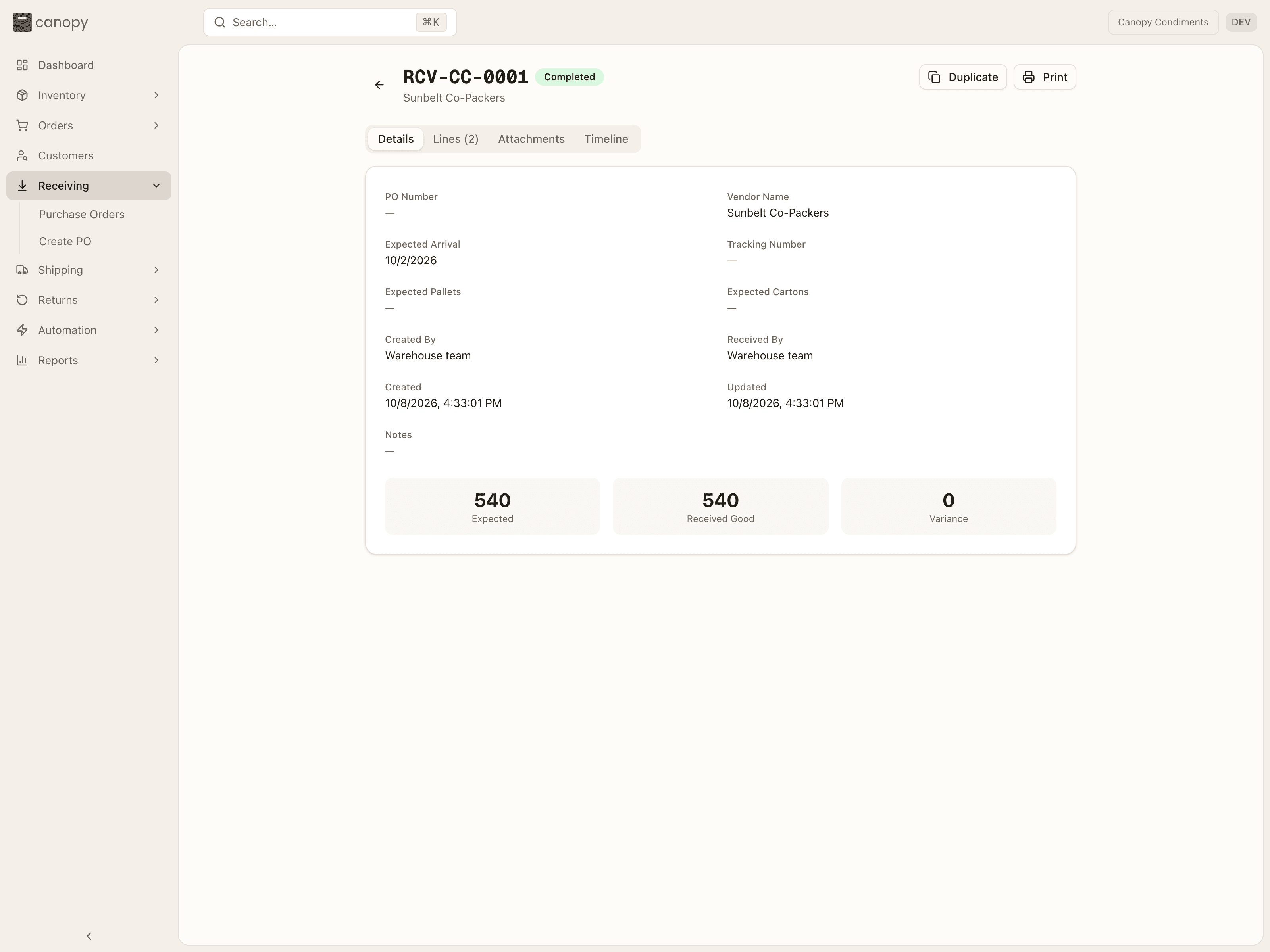 A completed purchase order's Details tab