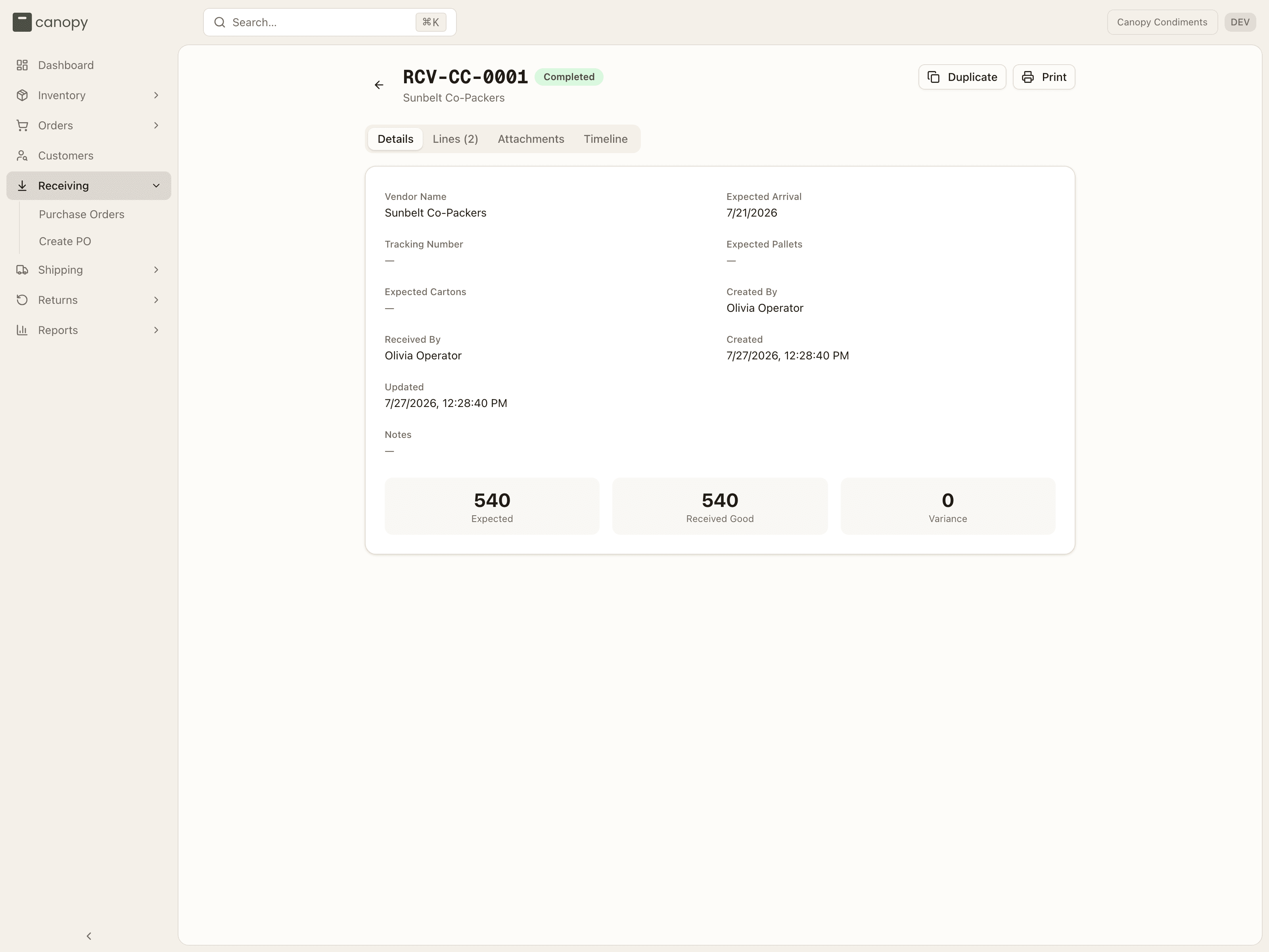 A completed purchase order's Details tab