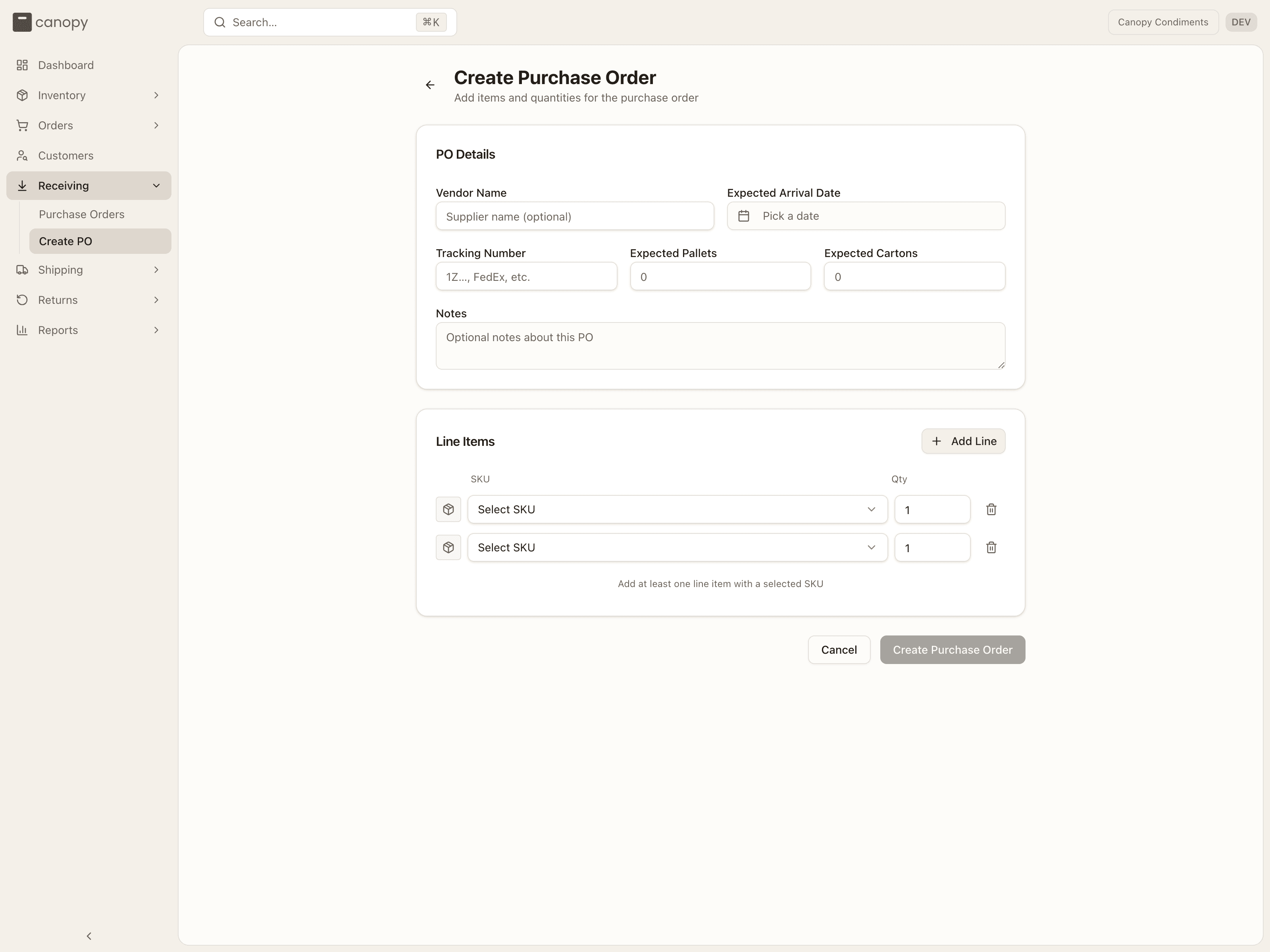 The Create Purchase Order form