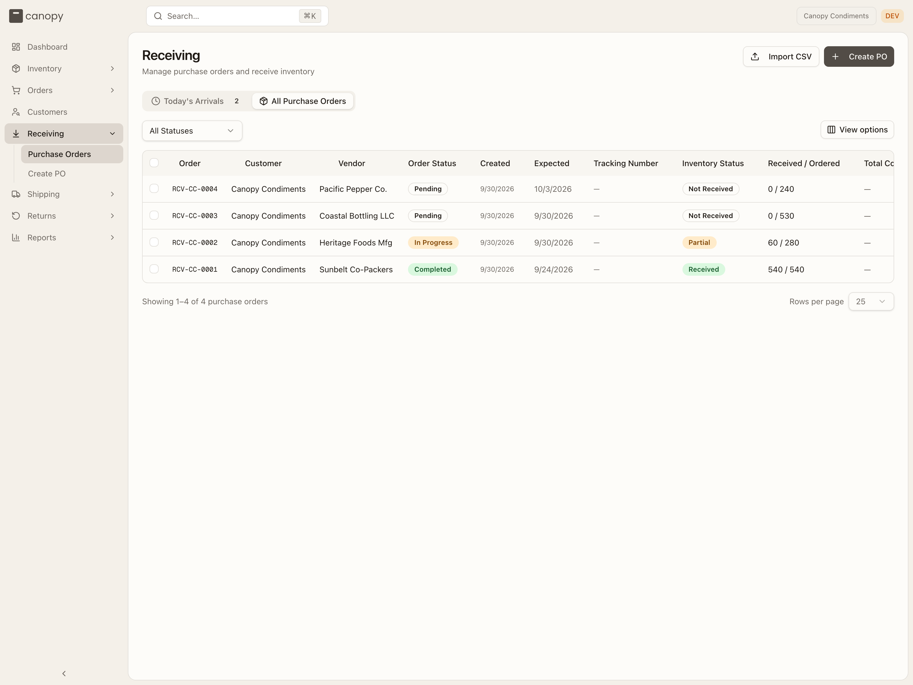 The purchase order list — All Purchase Orders, with the status filter, View options, and pagination