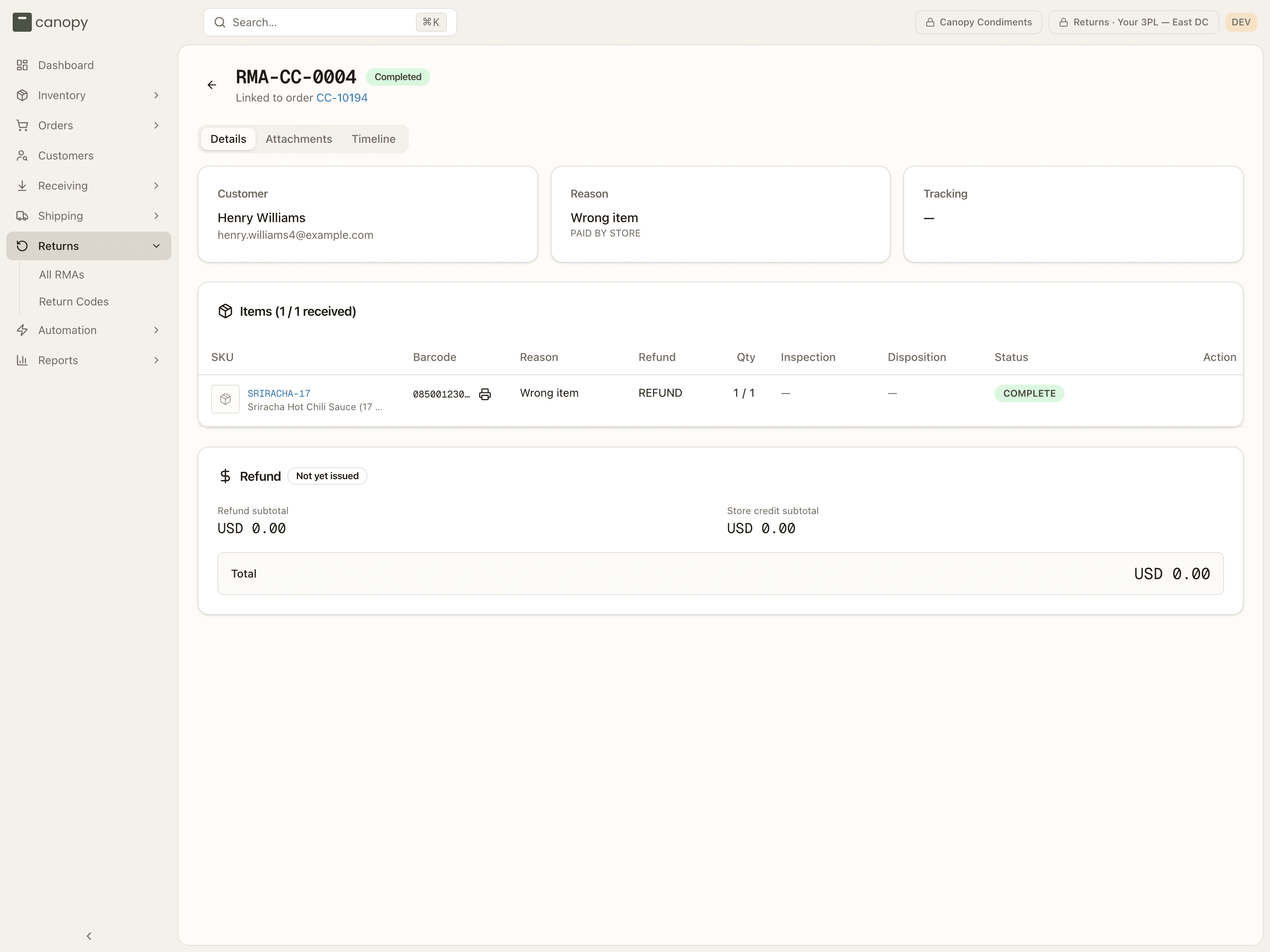 A completed RMA with its returned item and refund breakdown