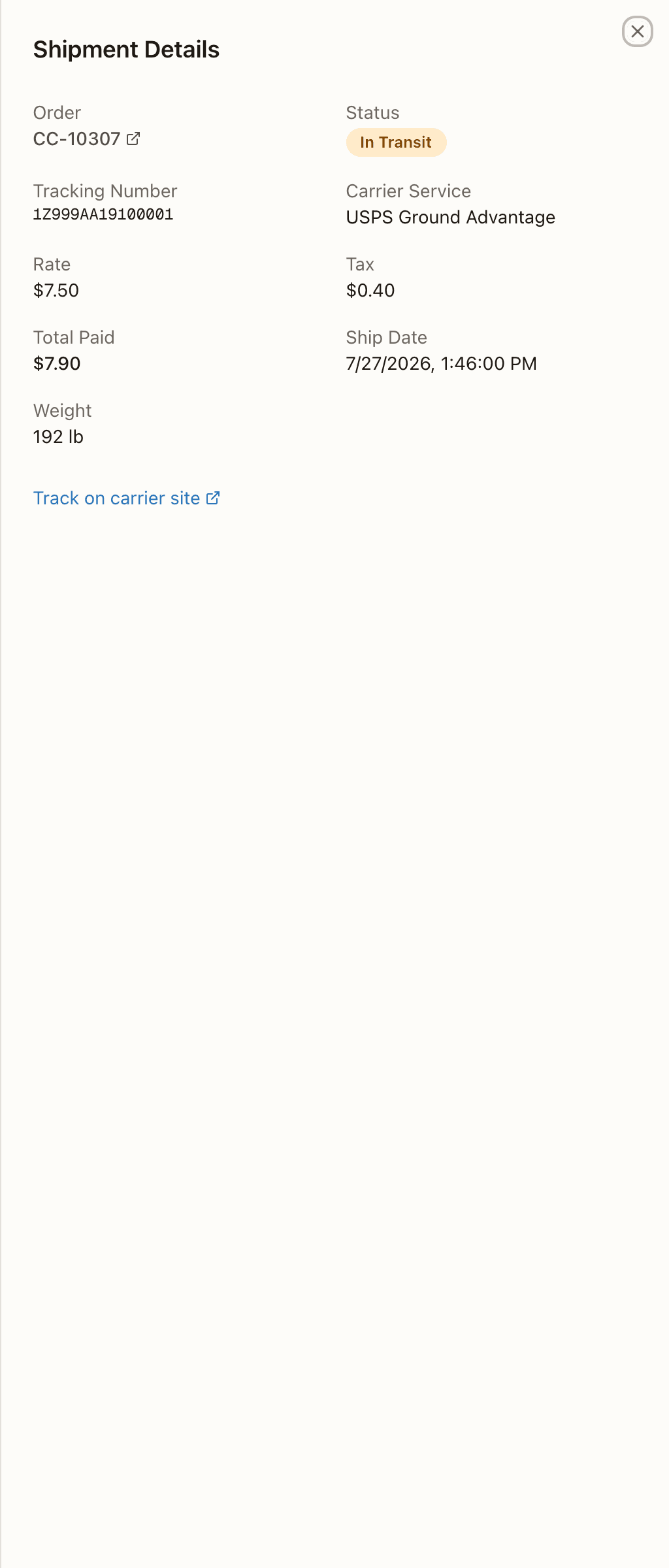 A shipment's detail panel