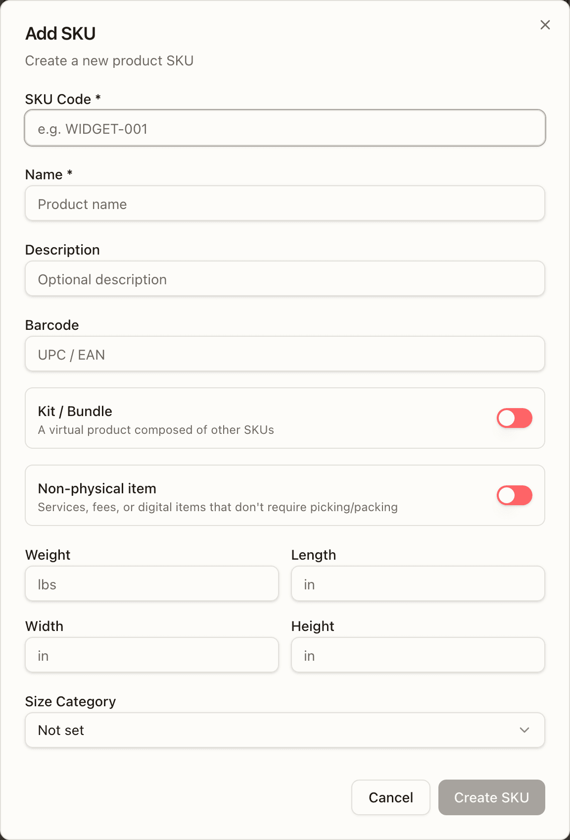 The Add SKU form
