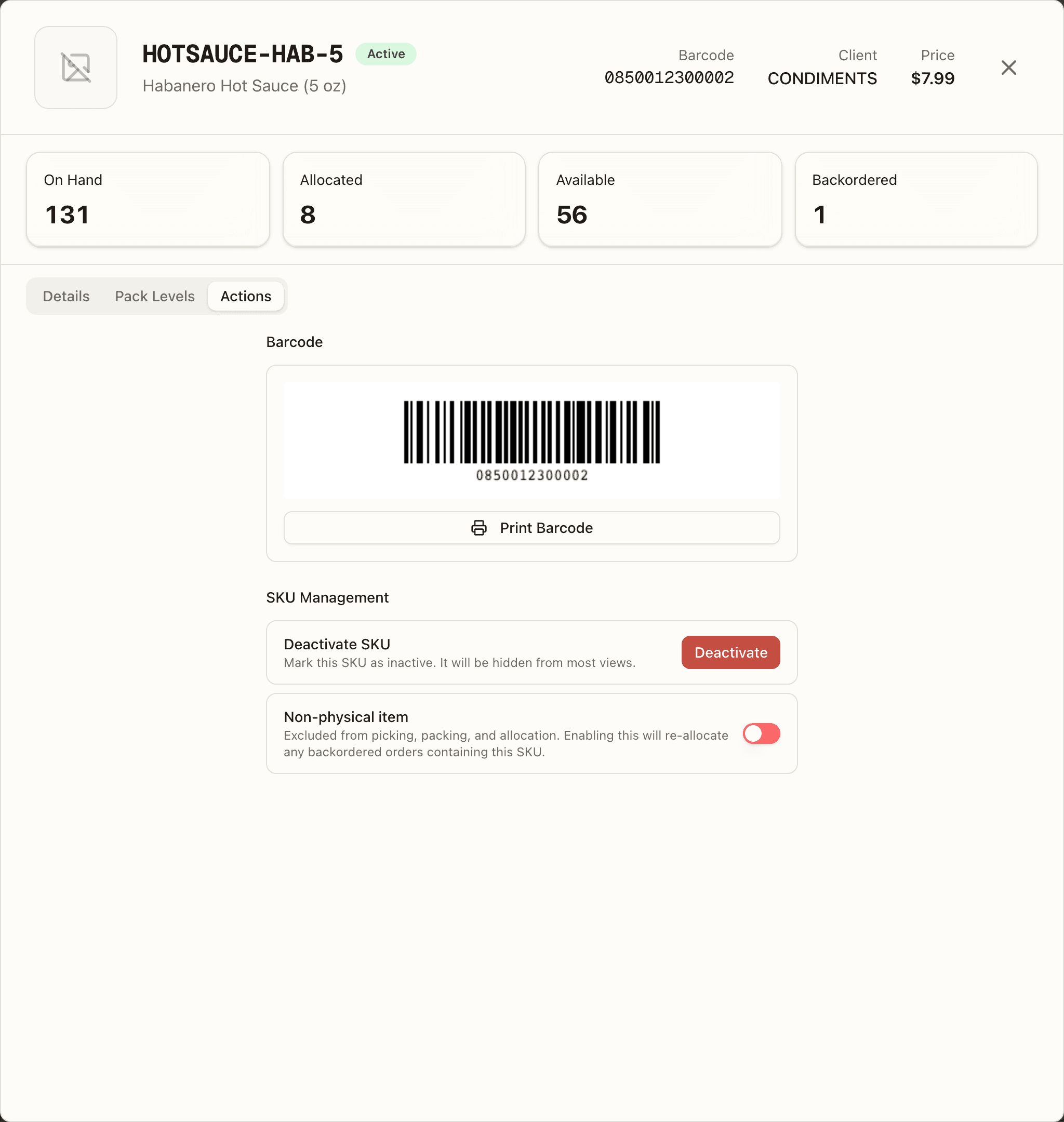 The SKU detail Actions tab
