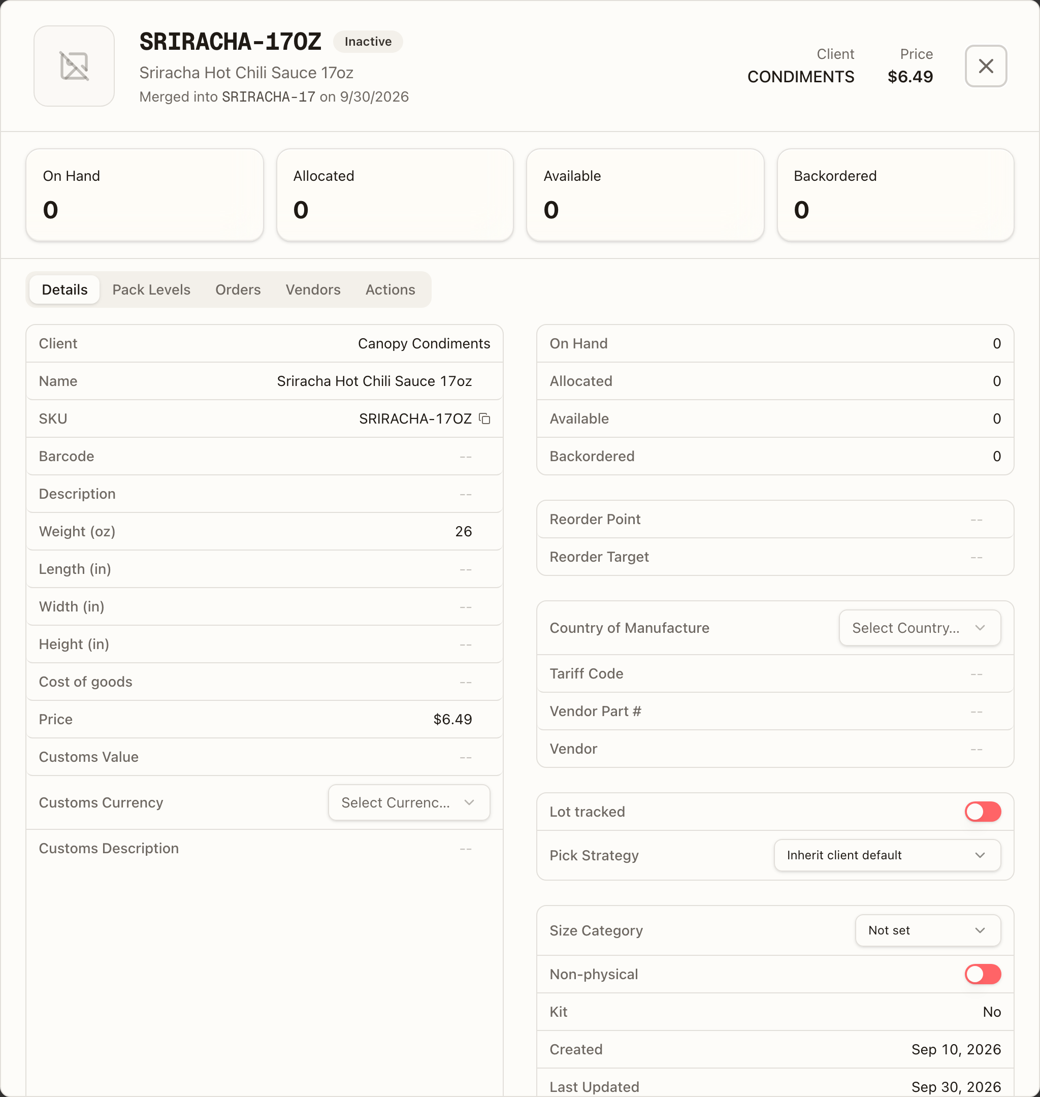 A merged SKU's detail — the Merged into line under the name, Inactive, and no Active switch