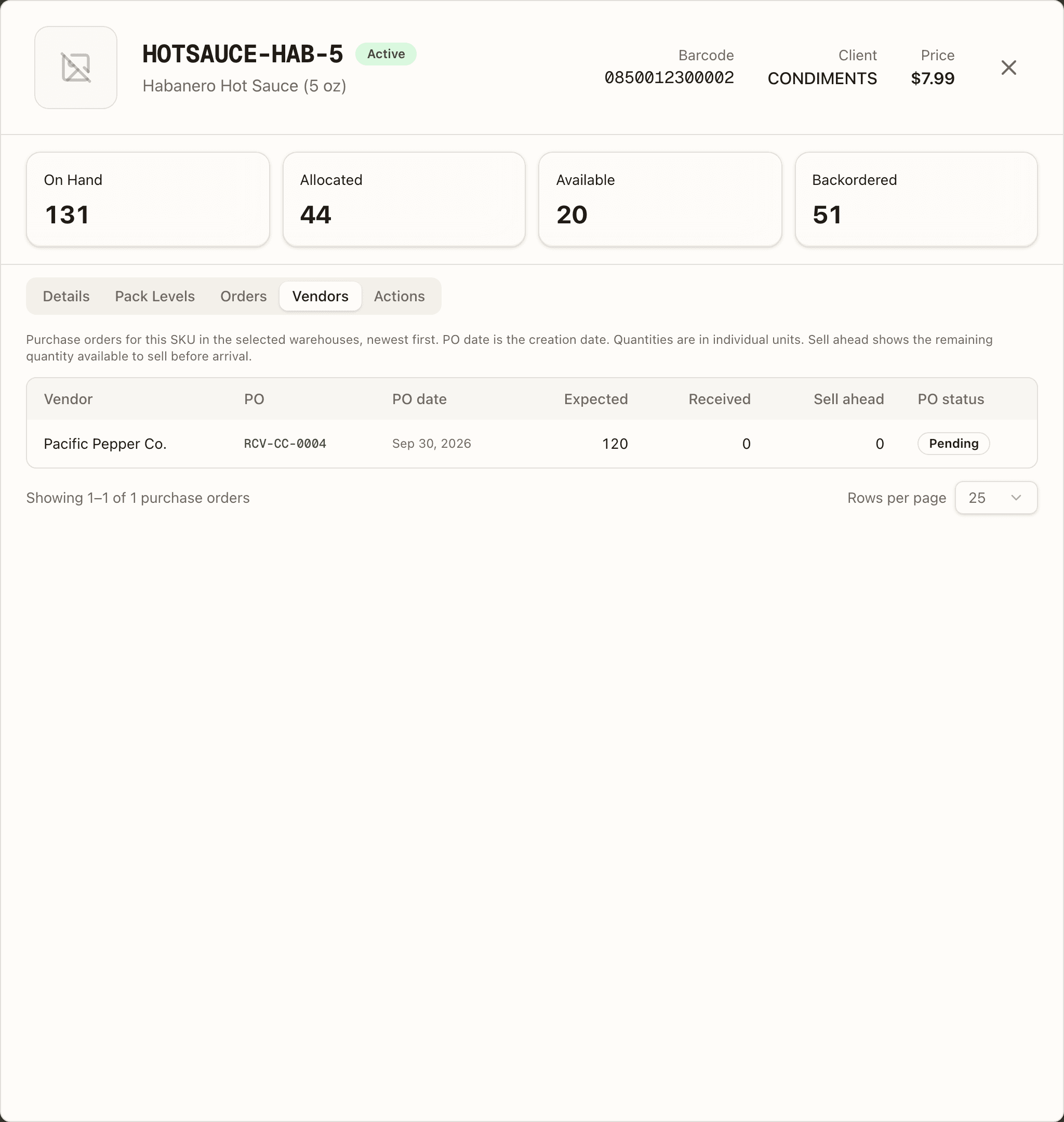 The SKU detail Vendors tab