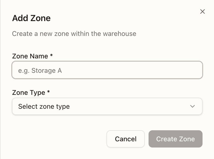 Add Zone panel, before a type is chosen