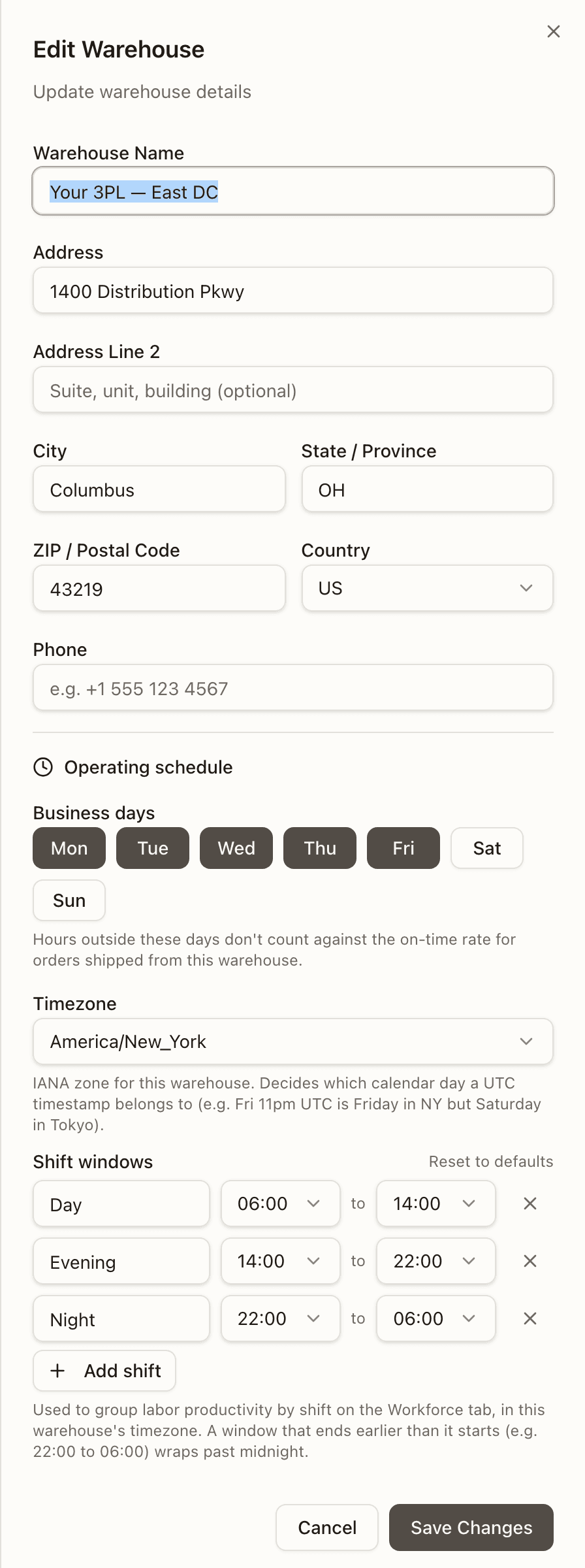 Edit Warehouse panel with business days, timezone and shift windows