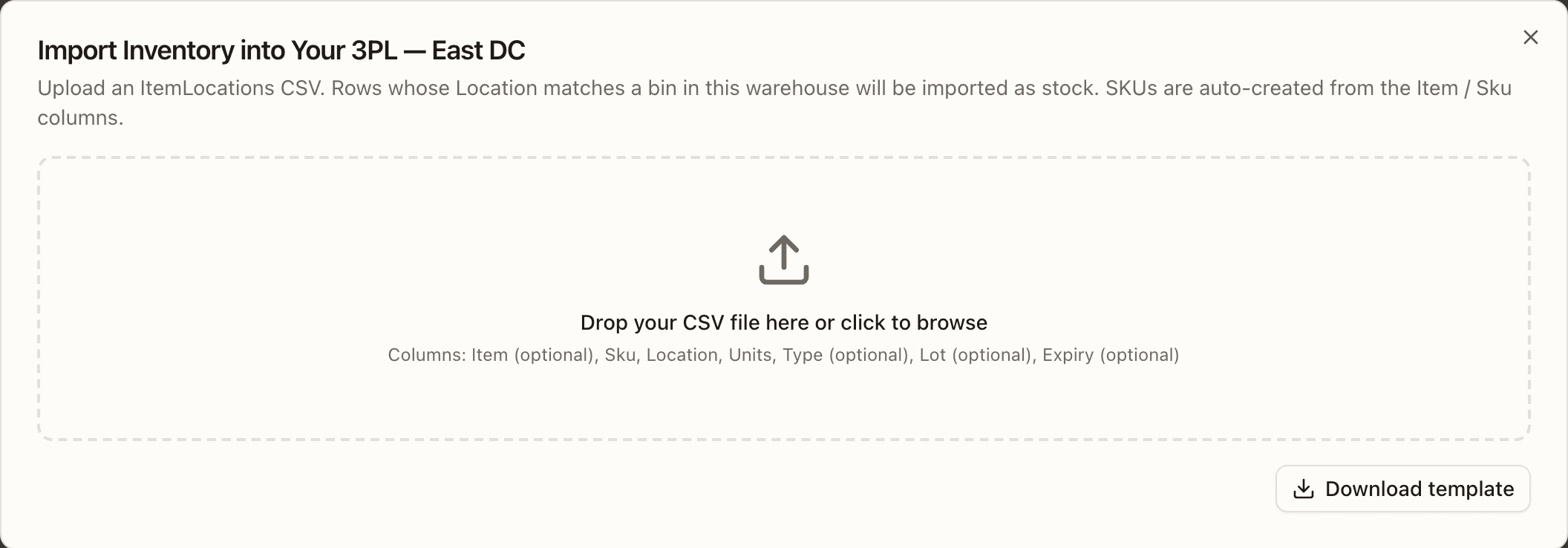Import Inventory into the warehouse: the drop zone, the columns it takes, and Download template