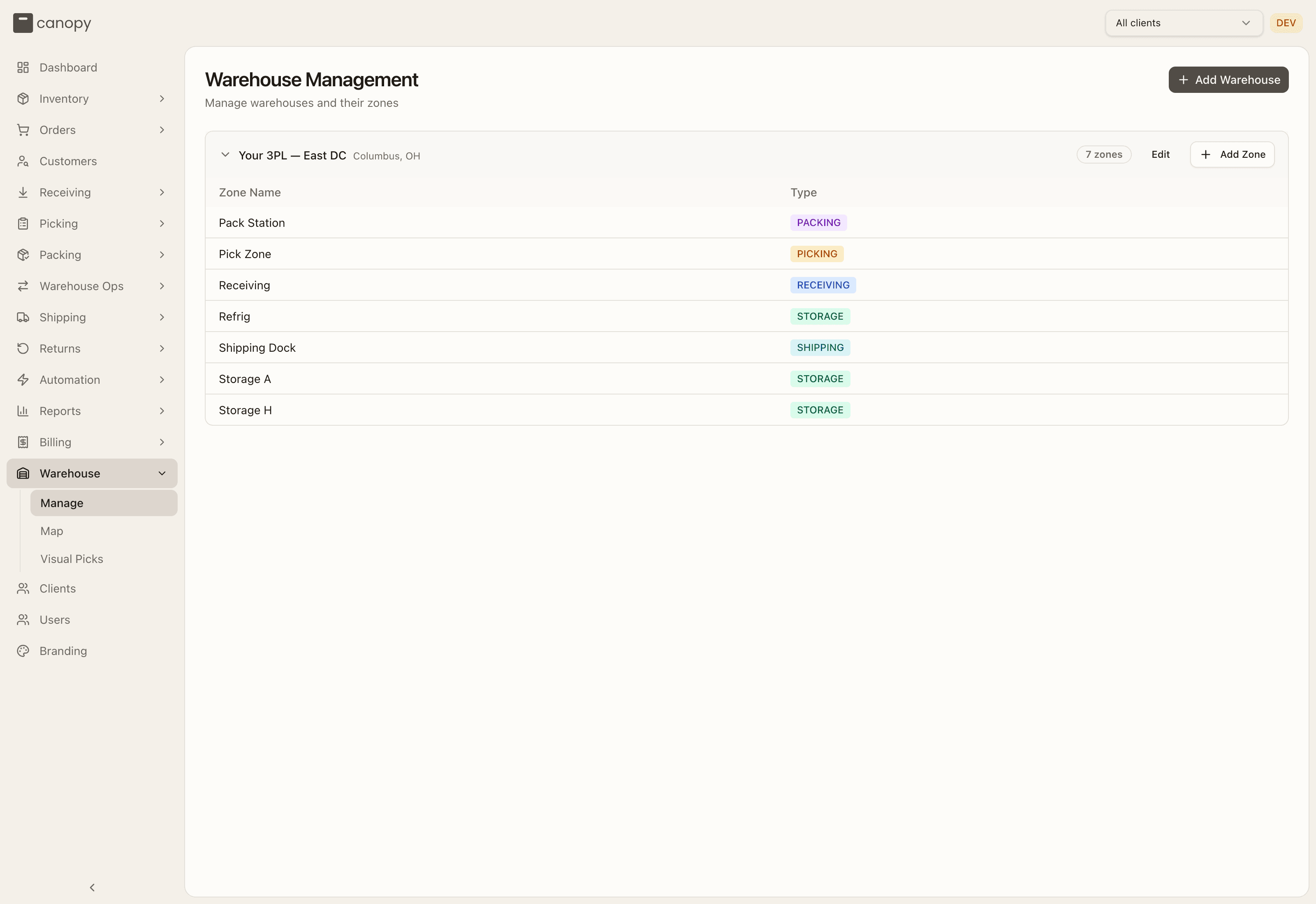 Warehouse Management list with zones
